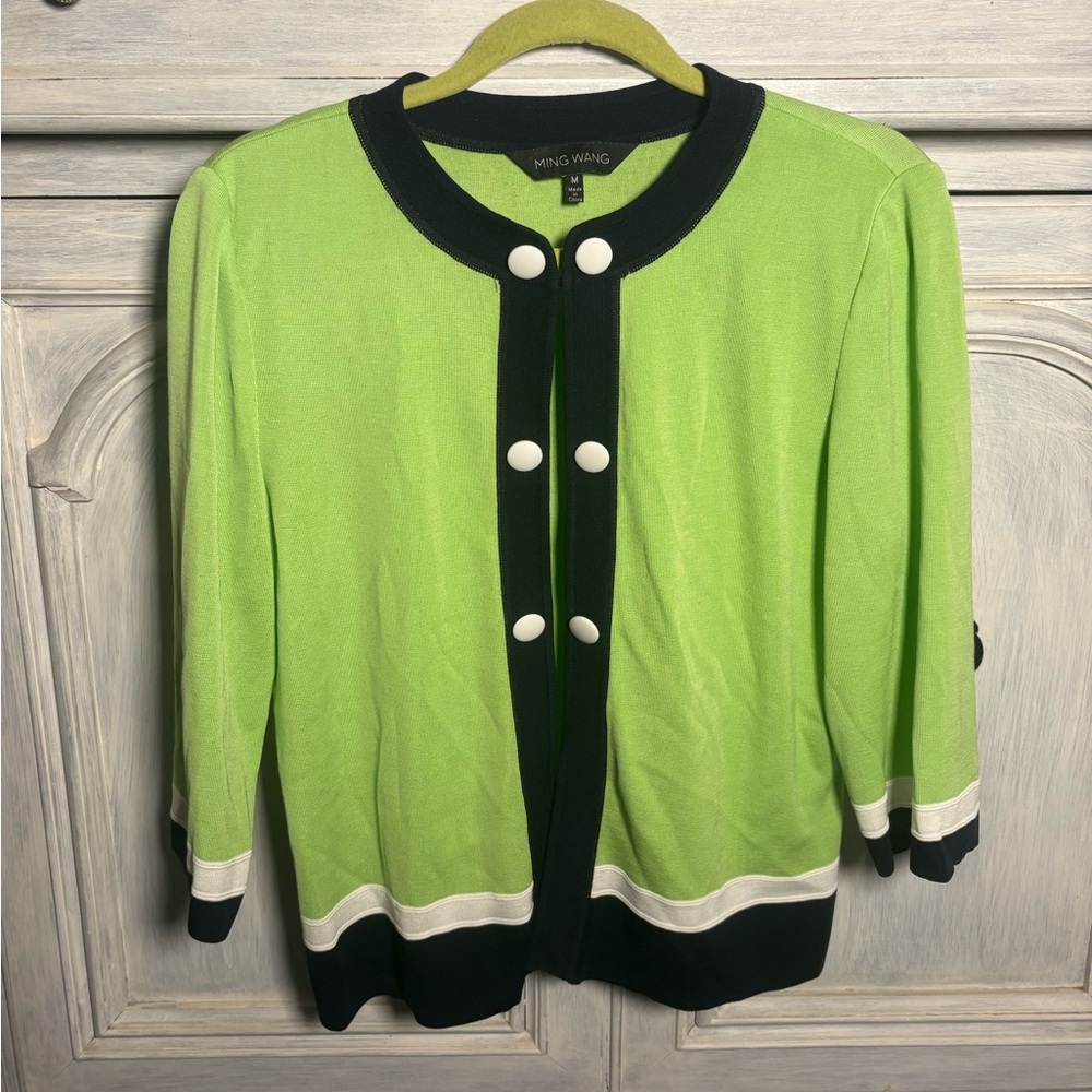 Ming Wang Lime Green Navy Open Front Cardigan Tailored Luxury Preppy Elegant